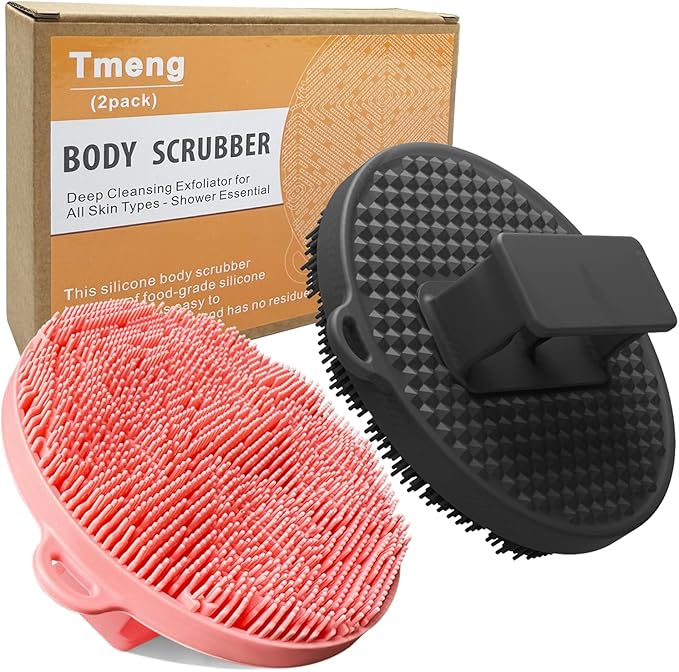 Silicone Body Scrubber-Silicone Shower Brush for Gentle Exfoliating & Lathering with Body Scrub & Wash, Durable & Hygienic, Deep Cleansing Exfoliator for All Skin Types - Shower Essential (Pink+black)