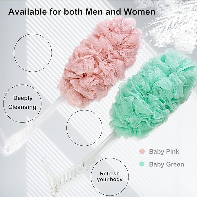 PPHAO - Loofah on a Stick for Men & Women - Bath Brush with Long Handle - Plastic Loofah Sponge - 2Pack in Green & Pink