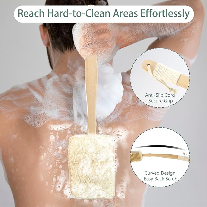 2-in-1 Shower Brush with Loofah Refill Pads, Dual-Sided Long Handle Body Scrubber with Soft & Firm Bristles and Loofah Pad Attachment, Exfoliating Back Brush for Wet or Dry Use, for Men and Women