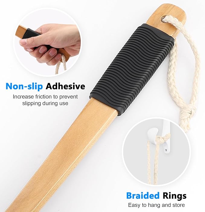 Loofah on a Stick PE Soft Mesh Luffa with Non-Slip Wooden Handle Made of Soft and Sturdy Rubber Material Back Scrubber for Shower for Women and Men with String for Easy Hanging(Blue Green White)