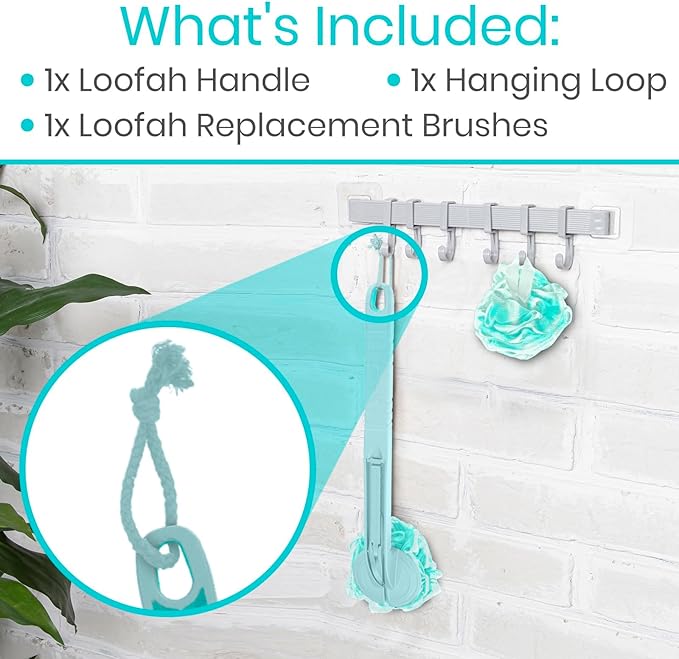 Vive Long Handled Loofah on a Stick - Mesh Back Sponge for Bath, Reusable w/Extra Pouf - Exfoliating Scrubber for Elderly & Disabled, Soft Loofa for Bathing Men & Women