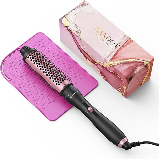 LANDOT Heated Round Thermal Brush: 1-1/2 inch Curling Brush for Blowout Volumizing Look - Dual Voltage Ceramic Curling Iron Wand with Detachable Head Travel-Friendly