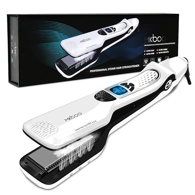 MKBOO Hair Straightener with Steam,Salon Professional Nano Titanium Ceramic Steam Flat Iron with Removable Comb+Digital LCD+5 Level Adjustable Temperature+Auto Temperature Lock White
