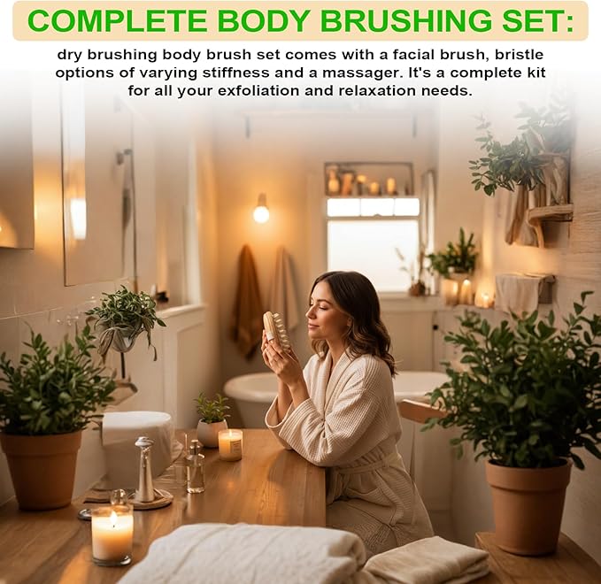 Premium Dry Brushing Body Brush Set, Natural Body Brush Wood Long Handle with Dual-Purpose Brush, Bullet Head Massager,Sisal Bath Bar,Stone Brush, Boar Bristle Face Cleansing Brush for A Glowing Skin