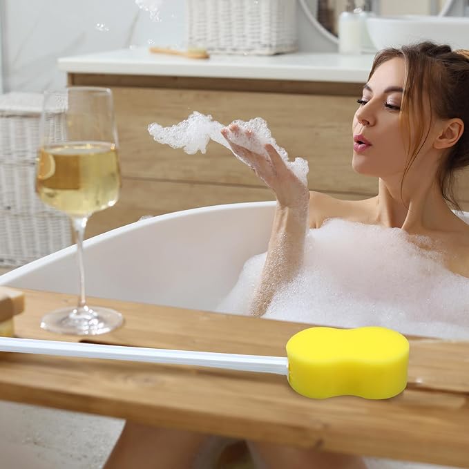 Uiifan 4 Pcs Long Handle Bath Sponge Yellow Back Sponge on a Stick Round and 8 Shape Back Washer for Shower White Handle Butt Scrubber Bathing Brush for Foot Body Cleaning Bathing Limited Motion