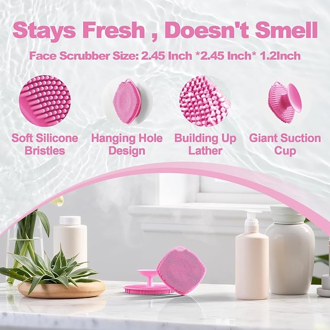 2 Pack Face Scrubbers, Silicone Face Scrubber Soft Bristles, Gentle Lather, Exfoliating & Deep Cleaning for Sensitive Skin, Giant Suction Cup Stick Securely, Easy to Store (Pink)