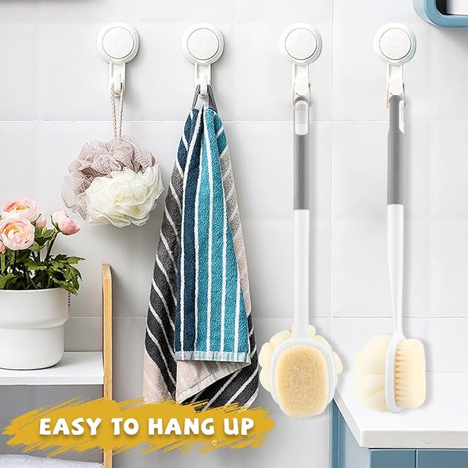 2 Pcs Long Handled Shower Brush Double Sided Bath Brush Massage Body Cleaning Mesh Sponge with Soft Bristles and Loofah for Skin Exfoliating Women Men - Grey