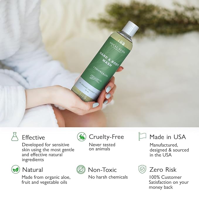 SoCal Suds & Company - 12oz Organic Soap Liquid, Gentle Hand & Body Wash, Organic Body Wash for Men and Women, Made w/Organic Oils & Coconut Oil, Bath Essentials for All Skin Types - Lemongrass