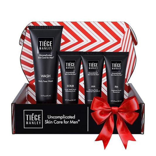 Tiege Hanley Skin Care Set for Men, Essential Routine, System Level 1, Daily Face Wash, Facial Scrub, Moisturizer With SPF, and Night Cream for Healthy, Hydrated Skin, Men’s Skin Care, 4 Piece Kit