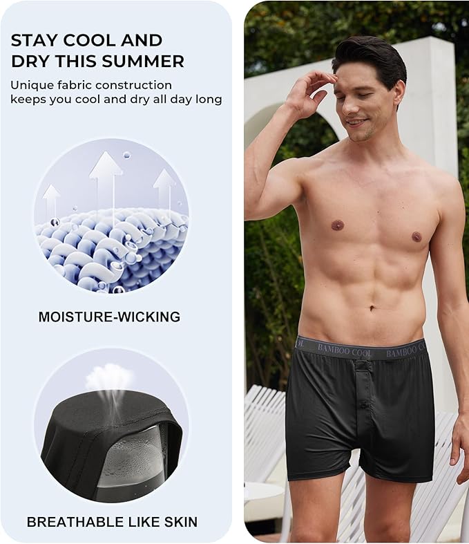 BAMBOO COOL Soft Men's Boxer Shorts 3 Pack,Silk Feeling Underwear for men with Button Fly,Breathable Loose Fit Boxers
