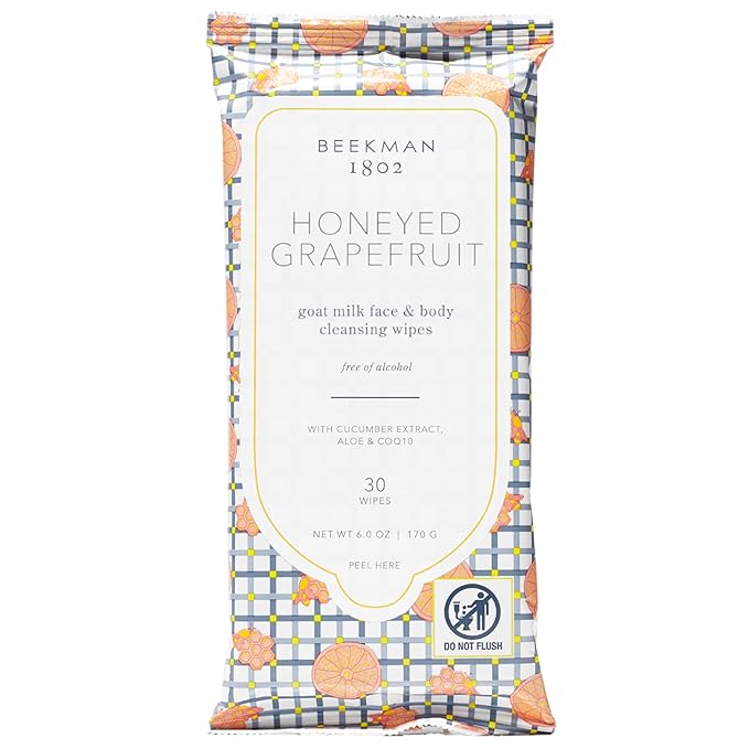 Beekman 1802 Face & Body Wipes, Honeyed Grapefruit - Scented - 30 Count - Cleanses - With Goat Milk, Aloe & Vitamin E - Alcohol Free, Biodegradable - Packaging May Vary