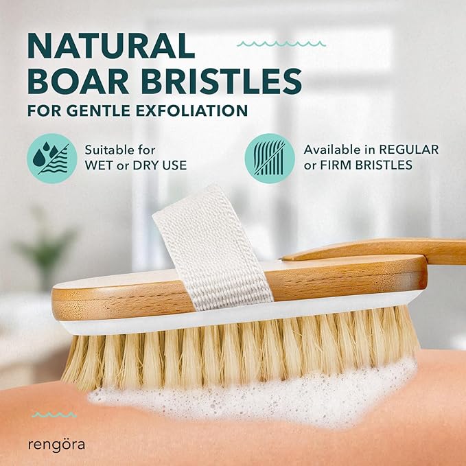 Back Scrubber for Shower - 20" Long Handle Shower Brush - Natural Bristle Back Brush - Ergonomic Handle + Silicone Anti-Slip Grip - Great Gift Idea - Men, Women + Elderly Love This (Firm Bristles)