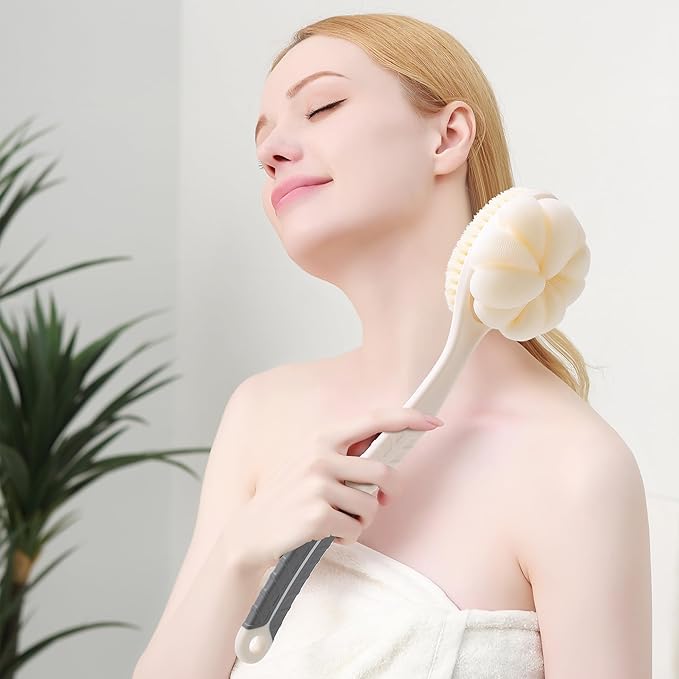 Shower Body Brush with Bristles and Large Pumpkin Loofah,Back Scrubber Bath Mesh Sponge with Anti-Slip Curved Long Handle for Skin Exfoliating,Massage Bristles for Wet or Dry,Men Women (White)