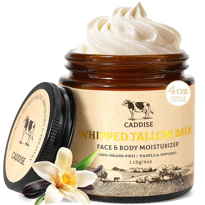 Whipped Beef Tallow for Skin–100% Grass-Fed Handmade Cream Moisturizer for Face & Body, Natural with Honey, Shea Butter, Jojoba Oil, Non-Greasy, Nourishing for Men, Women, Kids, 4 Oz (Vanilla)