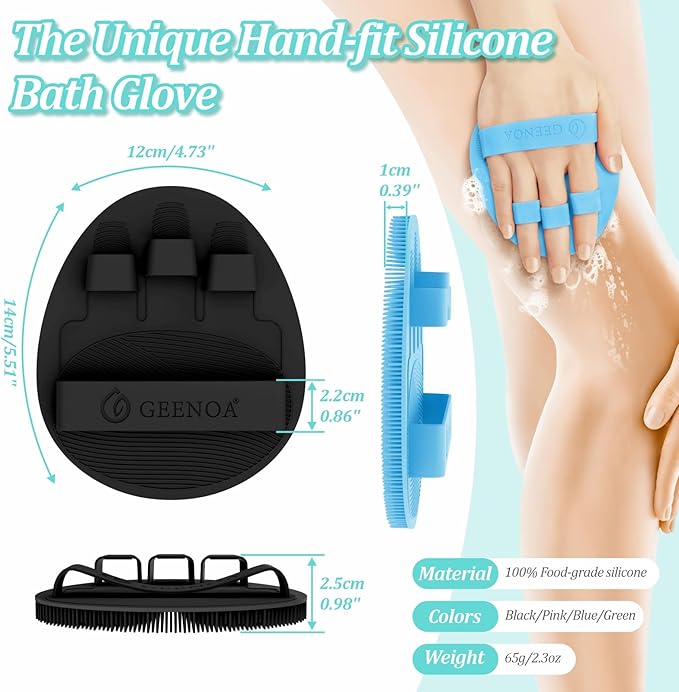 Silicone Back/Body/Face Scrubber & Soft Bath Glove Set 4PCS, Gentle Exfoliating Back & Body Scrubber with Dual-Side Brush Head, Hand-fit Bath Glove & Face Scrubber for Deep Cleaning(Blue-4PC)