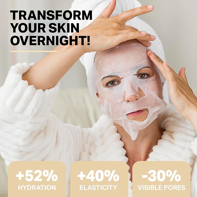 L'HIRONDELLE Collagen Face Mask, Bio Collagen face Mask, Deep Hydrating Sheet Mask Collagen and Probiotics, Overnight Mask for Women & Men Facial Skincare for Elasticity and Pore Minimizing 4 Pack