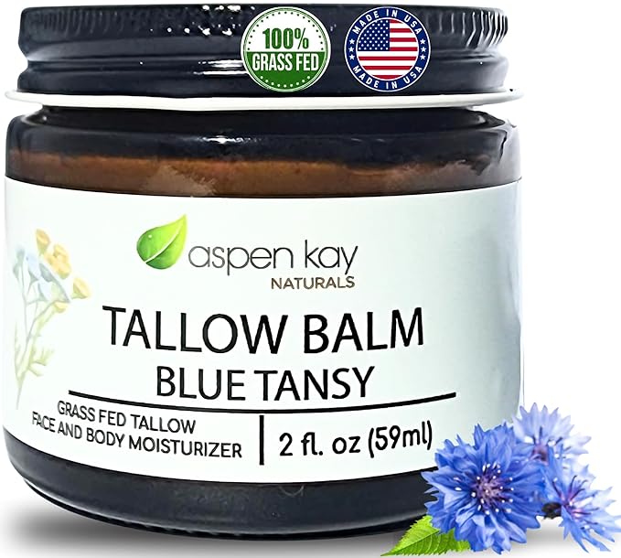 Aspen Kay Naturals Handmade 100% Grass Fed Beef Tallow Balm for Skin Care, With Organic Jojoba Oil + Chamomile (Blue Tansy) Organic Body Butter - 2 fl. oz. Made in USA
