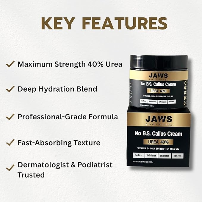 Jaws Podiatry Urea Cream Callus Cream - Foot Cream for Dry Cracked Heels Feet Knees Elbows Hands - 40% Urea Callus Remover For Feet - Soften Exfoliates Hydrates and Renews Skin