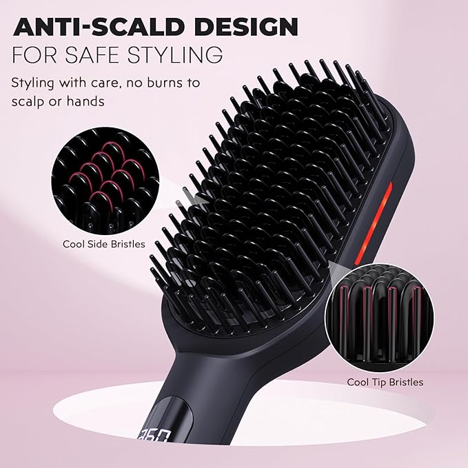 LANVIER Hair Straightener Brush, Ionic Straightening Brush with Infrared, Wide Plate Heated Smoothing Comb with Negative Ions, 32 Temps, Dual Voltage, Flat Iron Comb Styler for All Hair Type