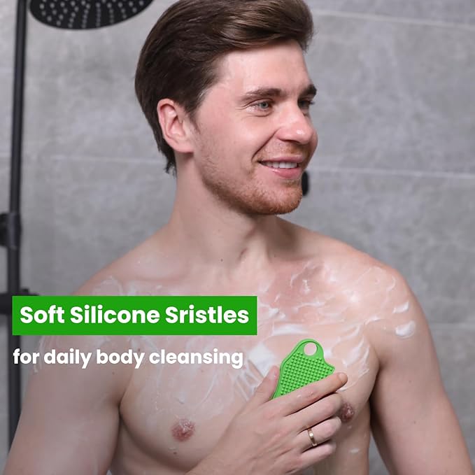 Silicone Body Scrubber Silver-Infused Dual-Sided 3-in-1 for Shower, Body Cleaning+Massage+Exfoliator Body Brush Buffer for Men and Women, Silicone Loofah, Non-Slip Handle (Green)