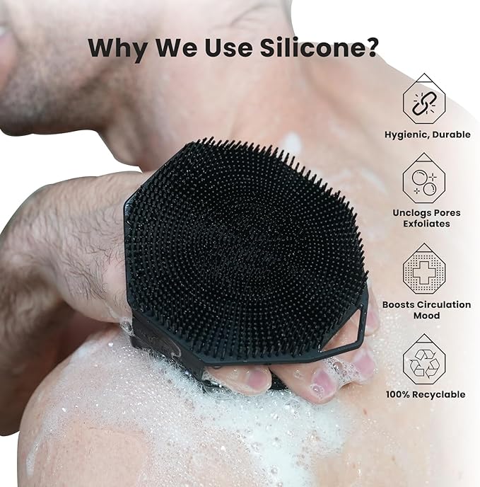 iTokGoK® Premium Silver-Infused Dual-Sided Design 2-in-1 Silicone Body Scrubber for Shower,Body Brush Buffer Scrubber for Men and Women for All Skin, Ergonomic No-Slip Handle, Easy to Clean - Black