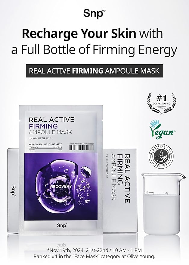 SNP Real Active Firming Ampoule Sheet Mask | Revitalizing and Strengthening for All Skin Types | Vegan Sheet Masks with 7 Collagen and Peptides | Collagen Face Masks Skincare | 10 Sheets