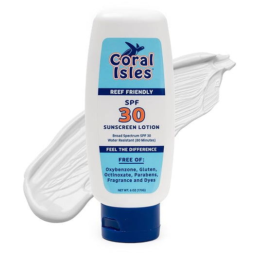 Coral Isles Sunscreen SPF 30 | Hawaii Compliant as Reef Safe | Octinoxate & Oxybenzone Free | Broad Spectrum UVA/UVB Protection | Water Resistant 80 Min. | Fragrance Free | 6 Fl Oz (Pack of 1))