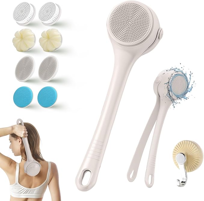 Electric Body Brush Back Scrubber for Shower, 8 Replaceable Heads and Hook, Long Handle, 2-Speed, Type-C Rechargeable, Waterproof, for Cleansing, Exfoliating and Massaging Skin（Apricot）