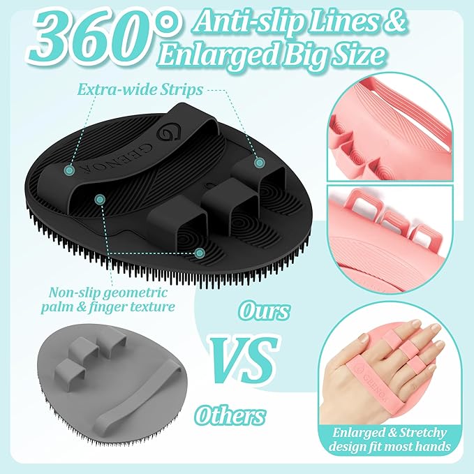 Silicone Back Scrubber & Bath Glove Set 2PCS, 13.4'' Gentle Shower Back Scrubber with Dual-Side Head Non-Slip Handle, 360° Anti-Slip Hand-fit Bath Glove for Rich Foaming Deep Cleaning(Pink)