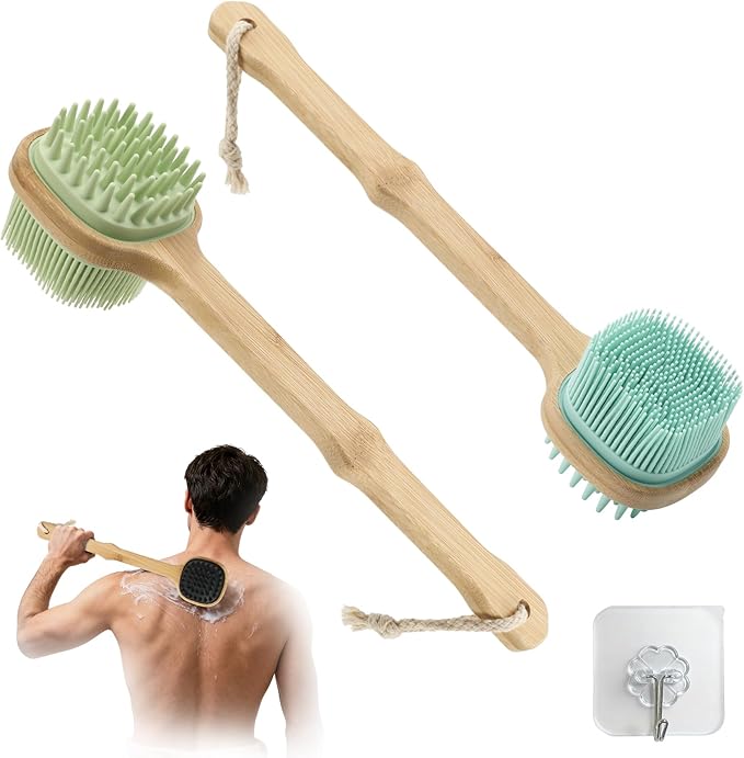 Silicone Back Scrubber for Shower, 2 PCS Silicone Bath Body Brush Loofah with Long Handle, Dual-Sided Shower Brush for Body, Exfoliating Body Scrubber Back Washer for Men Women(Lake Blue +Green)