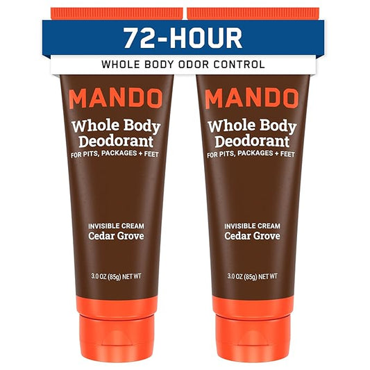 Mando Whole Body Deodorant For Men - Invisible Cream - 72 Hour Odor Control - Aluminum Free, Baking Soda Free, Skin Safe - 3 Ounce Tube (Pack of 2) - Cedar Grove