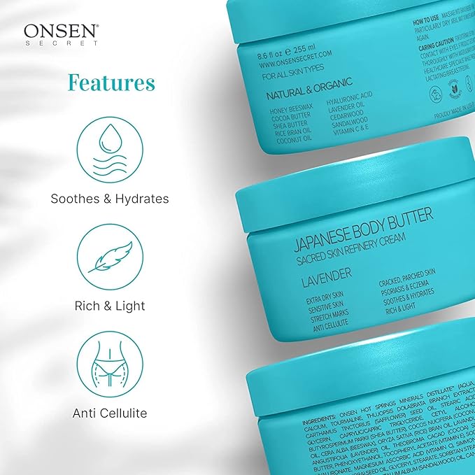 Onsen Japanese Body Butter for Women - Skin Refinery Cream Natural and Organic Shea Butter Moisturizing Clear Skin Exfoliator with Coconut Oil and Vitamin E - 8.6 fl oz / 255 ml (Lavender)