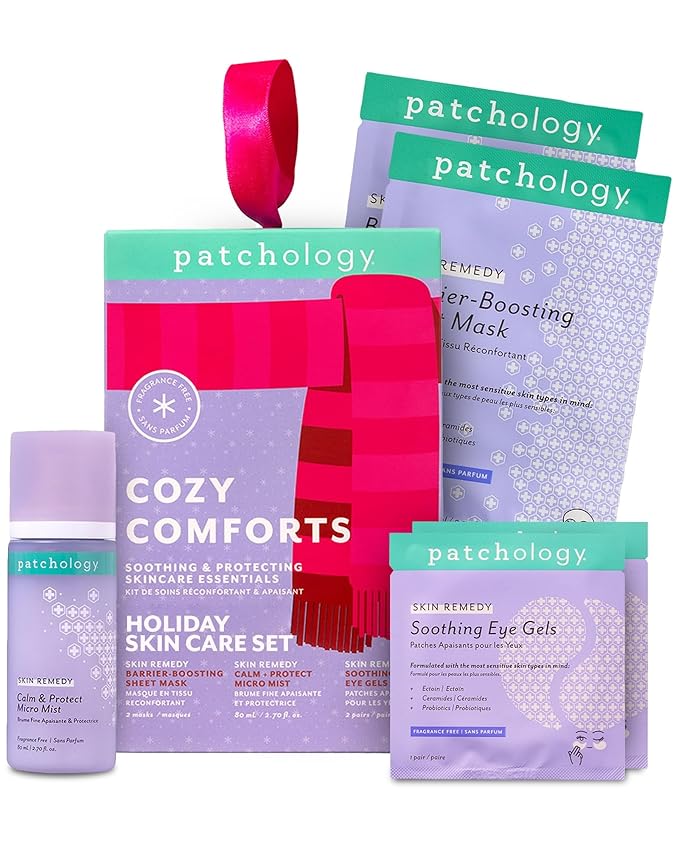 Patchology Cozy Comforts Holiday Skincare Gift Set - Soothing Under Eye Patches, Barrier-Boosting Hydrating Sheet Masks & Calming Mist - Limited Edition Winter Christmas Gifts & Stocking Stuffers