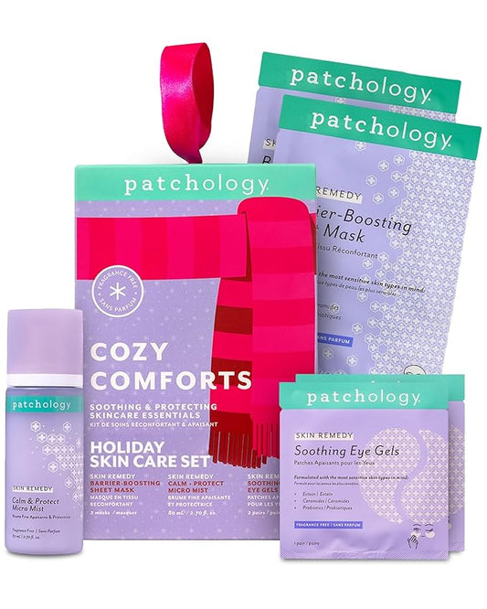 Patchology Cozy Comforts Holiday Skincare Gift Set - Soothing Under Eye Patches, Barrier-Boosting Hydrating Sheet Masks & Calming Mist - Limited Edition Winter Christmas Gifts & Stocking Stuffers