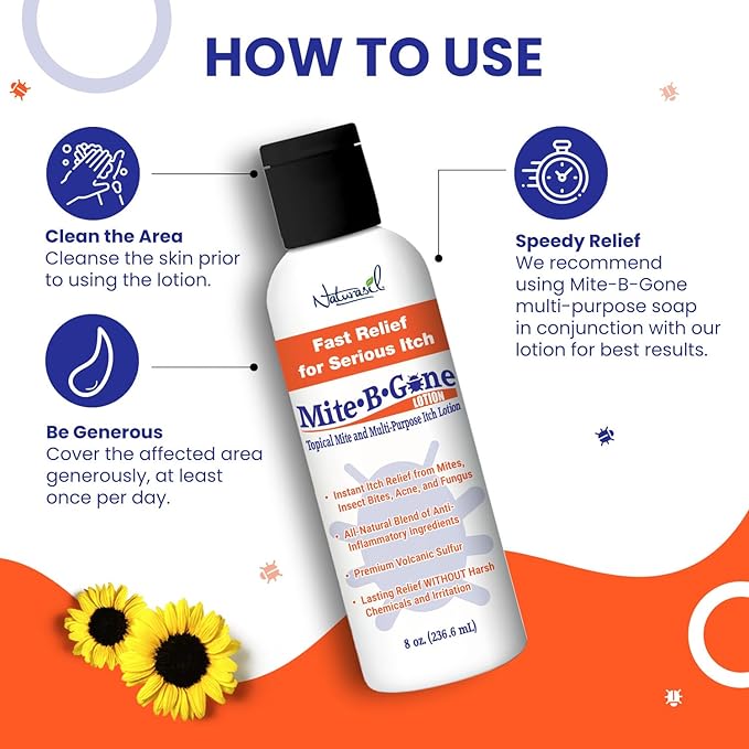 Mosquito Bite Itch Relief by Mite-B-Gone - Natural Sulfur Lotion to Stop Insect Bite Itching, Skin Redness, Discomfort & Irritation | Safe for Kids & Adults| Fast & Effective for All Skin Types| 8 oz