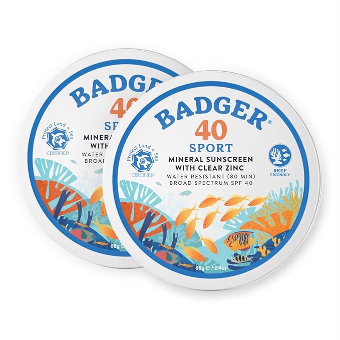 Badger Reef Safe Sunscreen Tin, Unscented SPF 40 Sport Mineral Sunscreen, 98% Organic, 80min Water Resistant Travel Size Hawaii Approved, 2.4 oz Tin, 2-Pack