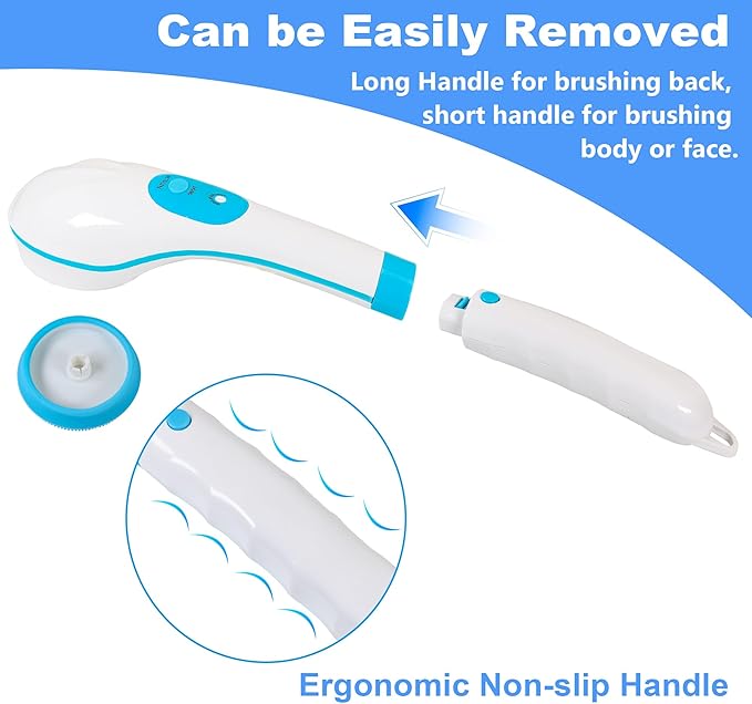 OWIIZI Electric Bath Brush Back Scrubber for Shower, Detachable Long Handle Exfoliating Face Cleansing Silicone Massager, 5 Brush Heads, 6 Speeds, Deep Clean Electronic Body Brushes for Men Women