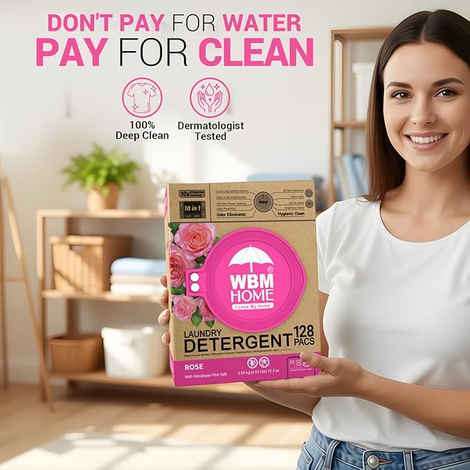 WBM 10-in-1 Laundry Pods, Total 128 Count, High Efficiency, Ultra Concentrate with Powerful Stain Lifter Technology, Fabric Softener With Rose Extracts, Detergent Pods