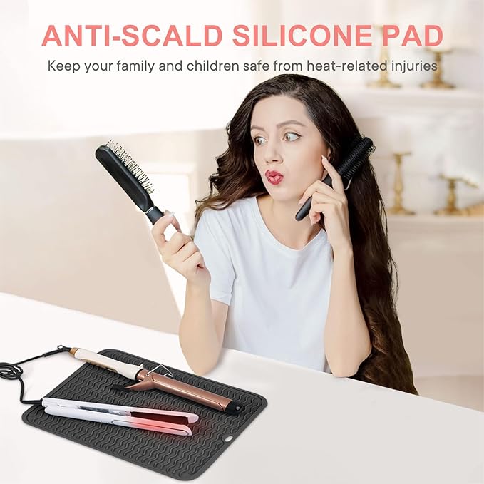 Oversize Silicone Heat Resistant Mat, Portable Travel Mat Cover with Velcro for Curling Irons, Flat Irons, Hair Straightener and Hot Hair Styling Tools(14.2" x 11")