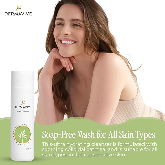 Dermavive Hydrating Facial Cleanser, Soap-Free Gentle Cleanser with Colloidal Oatmeal & Vitamin E, Soothes & Moisturizes Dry Sensitive Skin, Suitable for All Skin Types, 250ml (8.5oz)