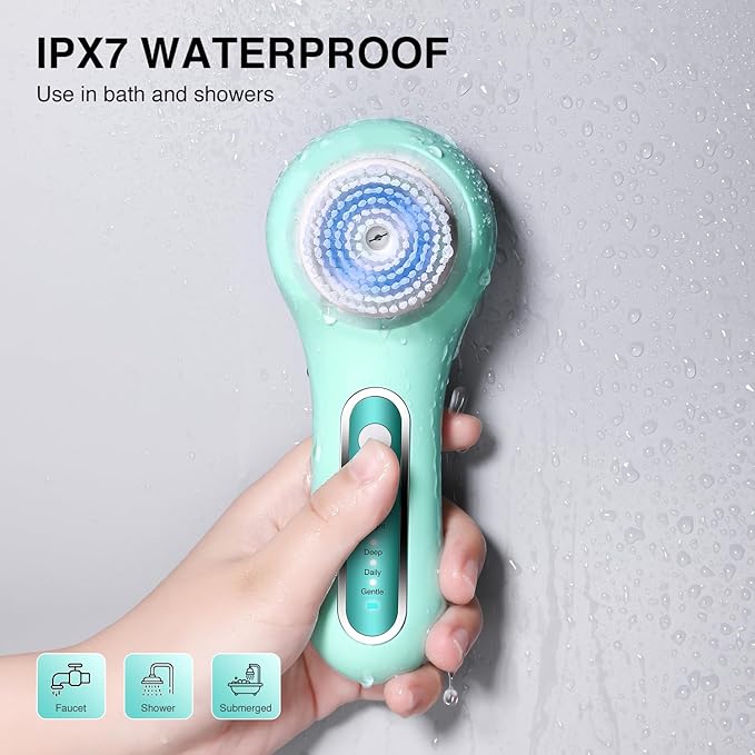 Face Scrubber Exfoliator, Rechargeable Facial Cleansing Brush with 2-Way Rotation & 3 Modes, 30-Day Runtime, 5 Brush Heads for SPA-Level Care, IPX7 Waterproof, Deep Cleaning for All Skin Types