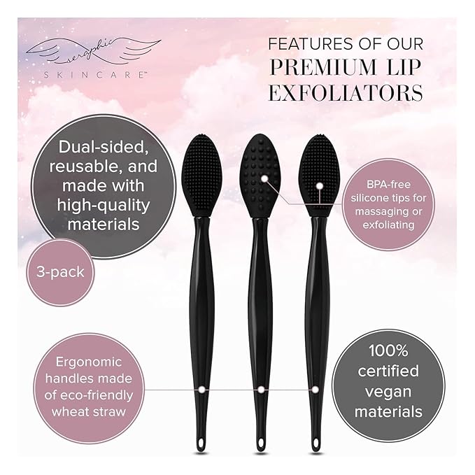 Seraphic Skincare Lip Exfoliator - Dual Sided BPA-Free Silicone Lip Scrubber with Wheat Straw Handles - For Soft Lips, Dead Skin Removal & Lip Mask Application - Pore Cleaning Brush For Lips (3 Pack)