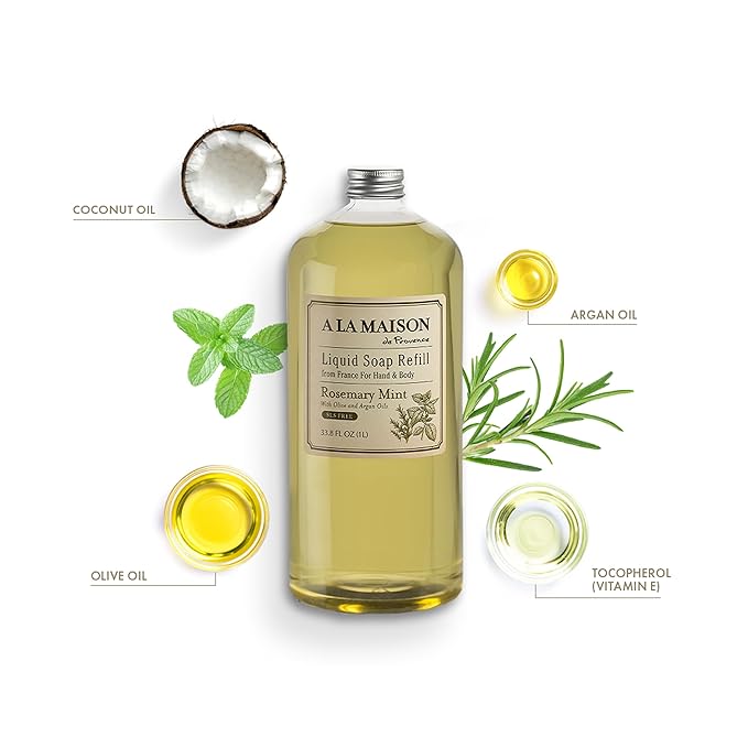 A LA MAISON Rosemary Mint Liquid Soap Bottles Moisturizing Natural Hand Wash Soap, Triple French Milled, Gentle To Hands, 33.8 Fl Oz
