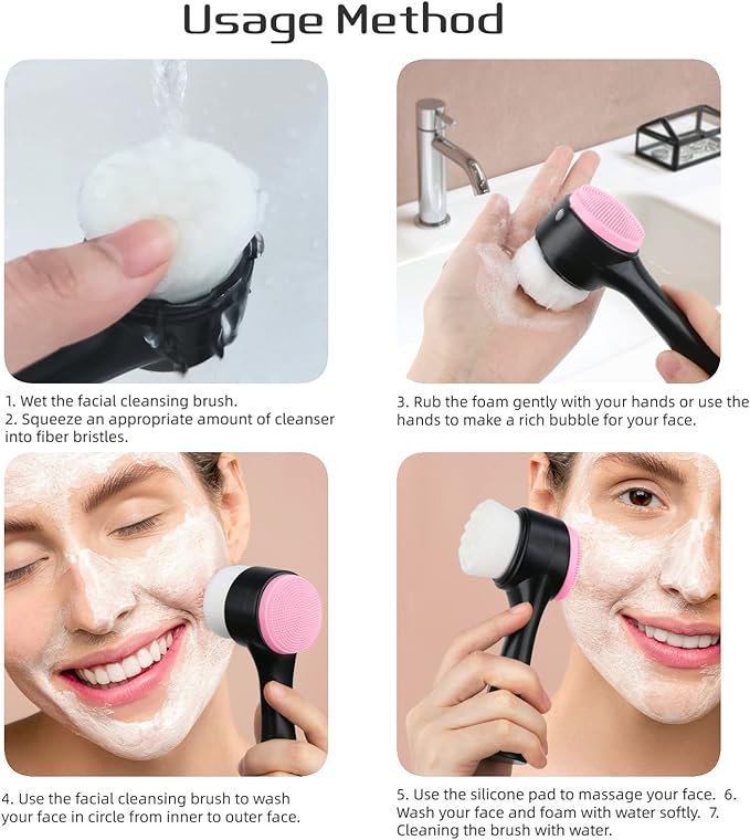 Face Brush 2 in 1, Facial Cleansing Exfoliating Scrubber Brush, Silicone Double Side Face Wash Scrub Brush with Super Soft Bristles for Deep Pore Cleansing, Massaging, Skincare Makeup Removal