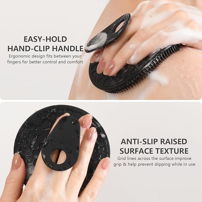 Silicone Body Scrubber with Scrub Net Set, BEAUTAIL 2 Pack for Rich Lather, Deep Cleansing, and Exfoliation – Durable, Easy to Clean, Gentle or Firmer Options – 1 Shower Brush Black, 1 Scrub Net Gray