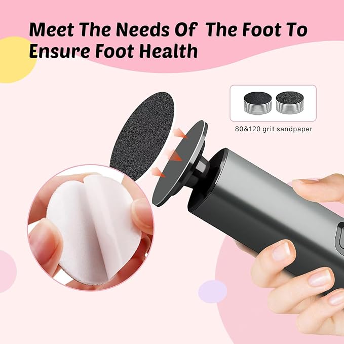 Electric Foot Callus Remover - 9-Speed with Glass Crystal Grinding Disc & Storage Box, 80/120 Grit Sandpapers (20pcs), 10 Nail Heads, Type-C Fast Charge for Dead Skin