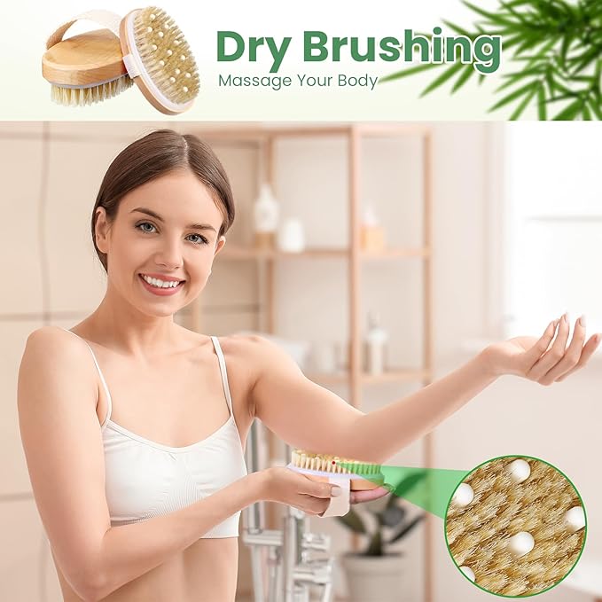 Gejoy 2 Pcs Dry Brushing Body Brush Exfoliating Brush with Massage Nodule Dry Skin Body Scrubber for Shower Bath Back Circulation Improvement Dead Skin Exfoliator (4.92 x 2.56 Inches,Wood Color)