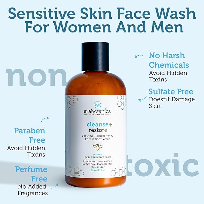 Era Organics Manuka Honey Face Wash for Sensitive Skin - Sulfate Free Gentle Cleanser with Organic Aloe Vera, Hyaluronic Acid & More - Soothing & Moisturizing for Dry Skin - Made in USA (8 oz)