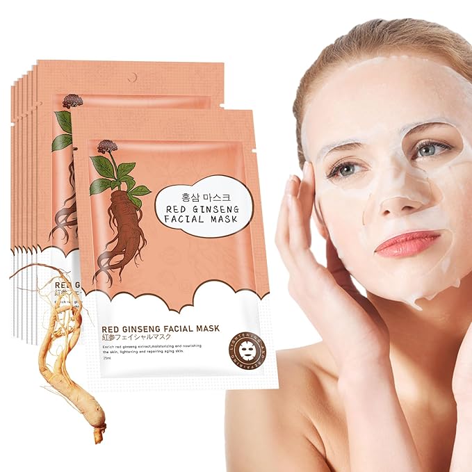 10Pack Sheet Face Masks Skincare for All Skin Types, Moisturizing Hydrating Facial Masks Suitable for Sensitive Skin, Red Ginseng Face Masks for Wrinkles, Fine-Lines, Firmness and Elasticity