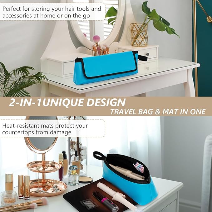 GNEGNI Hair Tools Travel Bag with Heat Resistant Mat, 2-in-1 Portable Hot Tools Organizer fits Curling Iron, Straightener & Hair Accessories, Travel Vacation Essentials(Blue/Pink) (Blue)